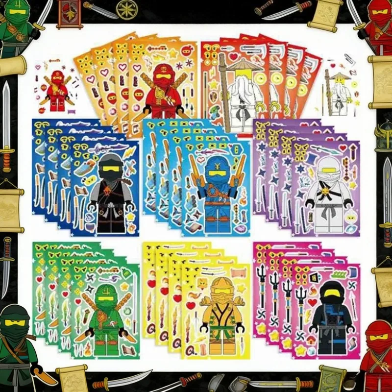 Image of 16 Blätter Ninja-Gesichter zum Selbstgestalten DIY Puzzle-Aufkleber Partyzubehör Kinderspielzeug Geburtstagsgeschenke