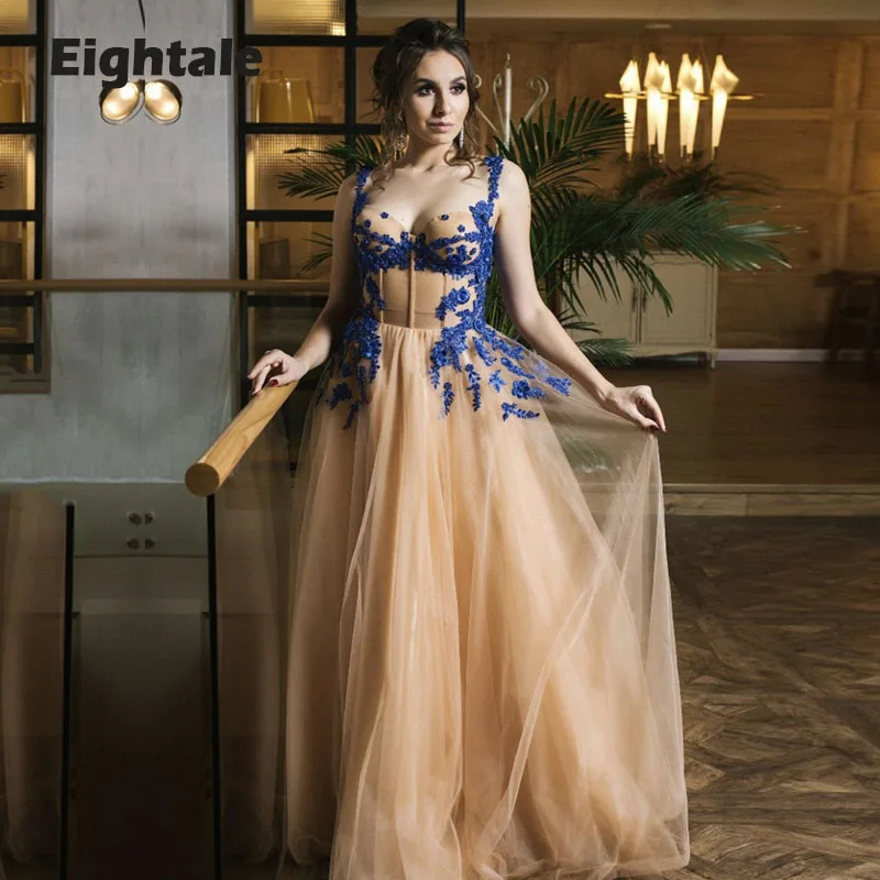 Eightale Champagne Prom Dresses Spaghtti Strap Blue Appliques Corset Evening Gown Tulle Party Dress Arabic vestido formatura