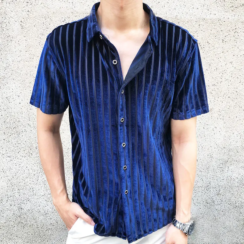 Men Sexy Velvet Shirt Men Short Sleeve Clothing High Quality Shirt Trendy Transparent Blue Stripe Shirt See Through Social Club