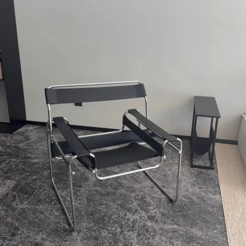 

Designer Inspired Accent Chair Stainless Steel Frame with Saddle Leather Seat Modern Living Room Chair Home Dining Chairs