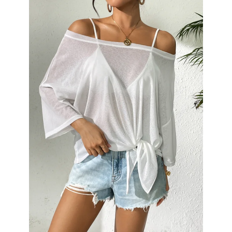 Top sottile da donna in tinta unita con papillon, copricostume ampio da spiaggia con scollo a barca