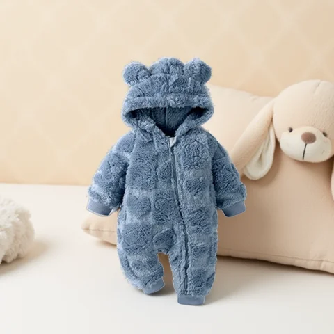 Cartoon Baby Clothes Boy Romper Long Sleeve Arctic Velvet Hooded Baby Girl Romper Winter Warm  Newborn Clothes 0-18 Months
