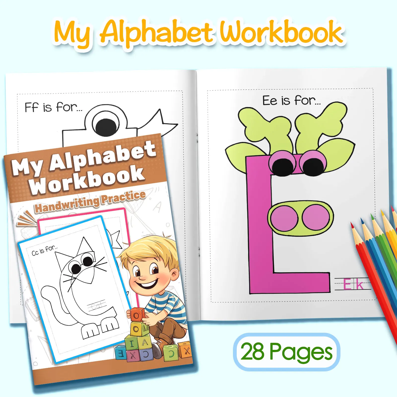 Children's alphabet coloring book, cute cartoon patterns, preschool early education workbook, boost your baby's hands-on skills