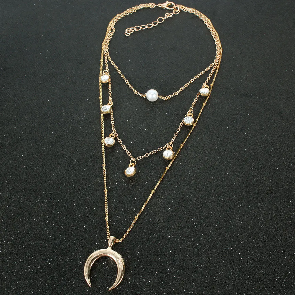 Cross-border retro alloy geometric moon pendant with diamonds, European and American necklace accessories women 15350