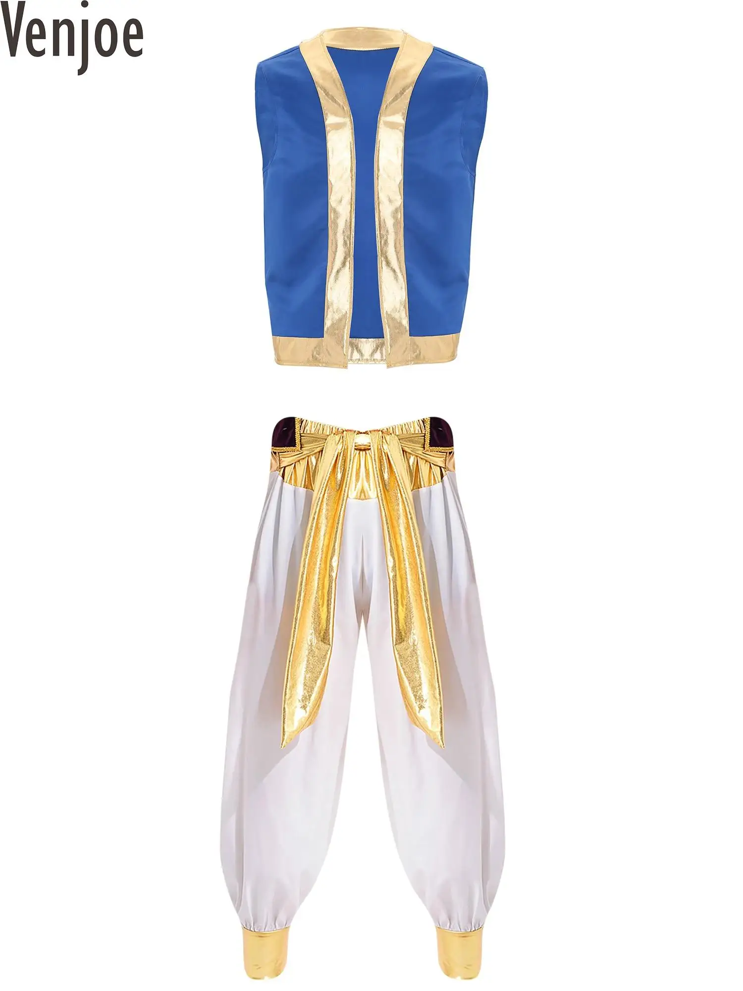 Mens Roleplay Arabian Prince Costume Cosplay gilet anteriore aperto lucido metallizzato con pantaloni Set da 2 pezzi per la festa di carnevale di Halloween