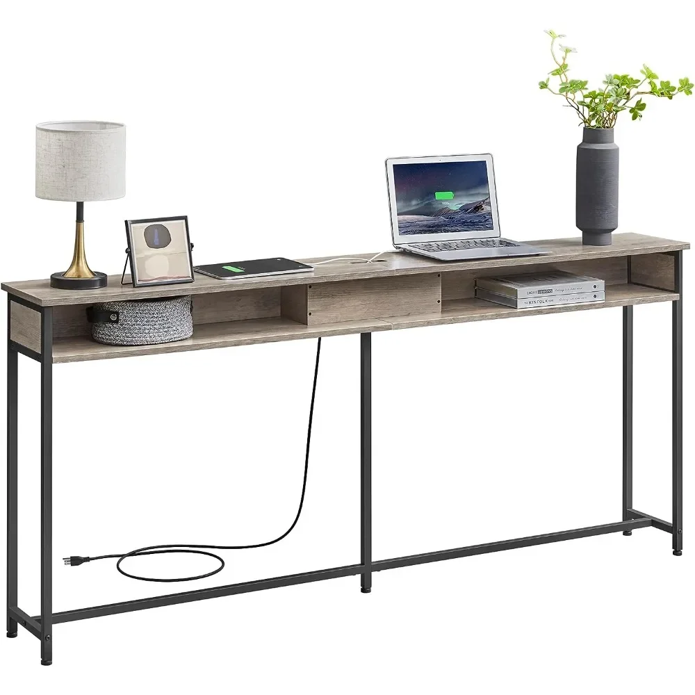 VASAGLE 70 Inch Console Table with Outlet and Shelves, Sofa Table with Hidden Charging Station, Greige and Black