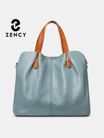 Zency-Bolso de mano de cuero genuino para mujer, bolsa de hombro de piel de vaca con capa superior de Color de contraste fruncido, bolso de compras versátil, Color azul