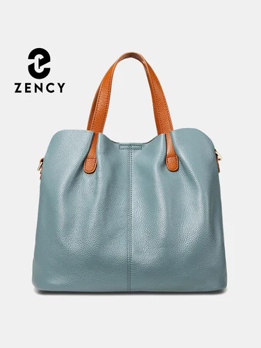 Zency-Bolso de mano de cuero genuino para mujer, bolsa de hombro de piel de vaca con capa superior de Color de contraste fruncido, bolso de compras versátil, Color azul