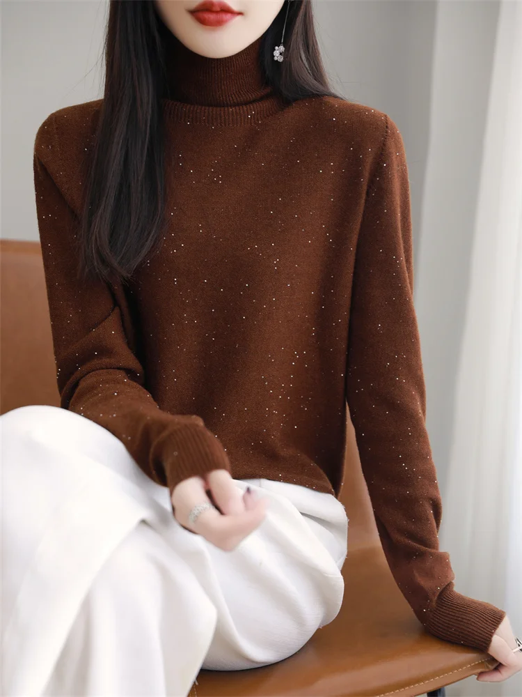 New Spring Autumn 100% Merino Wool Women Sweater Turtleneck Long Sleeve Stars Solid Color Pullover Comfortable Soft Fashion Tops