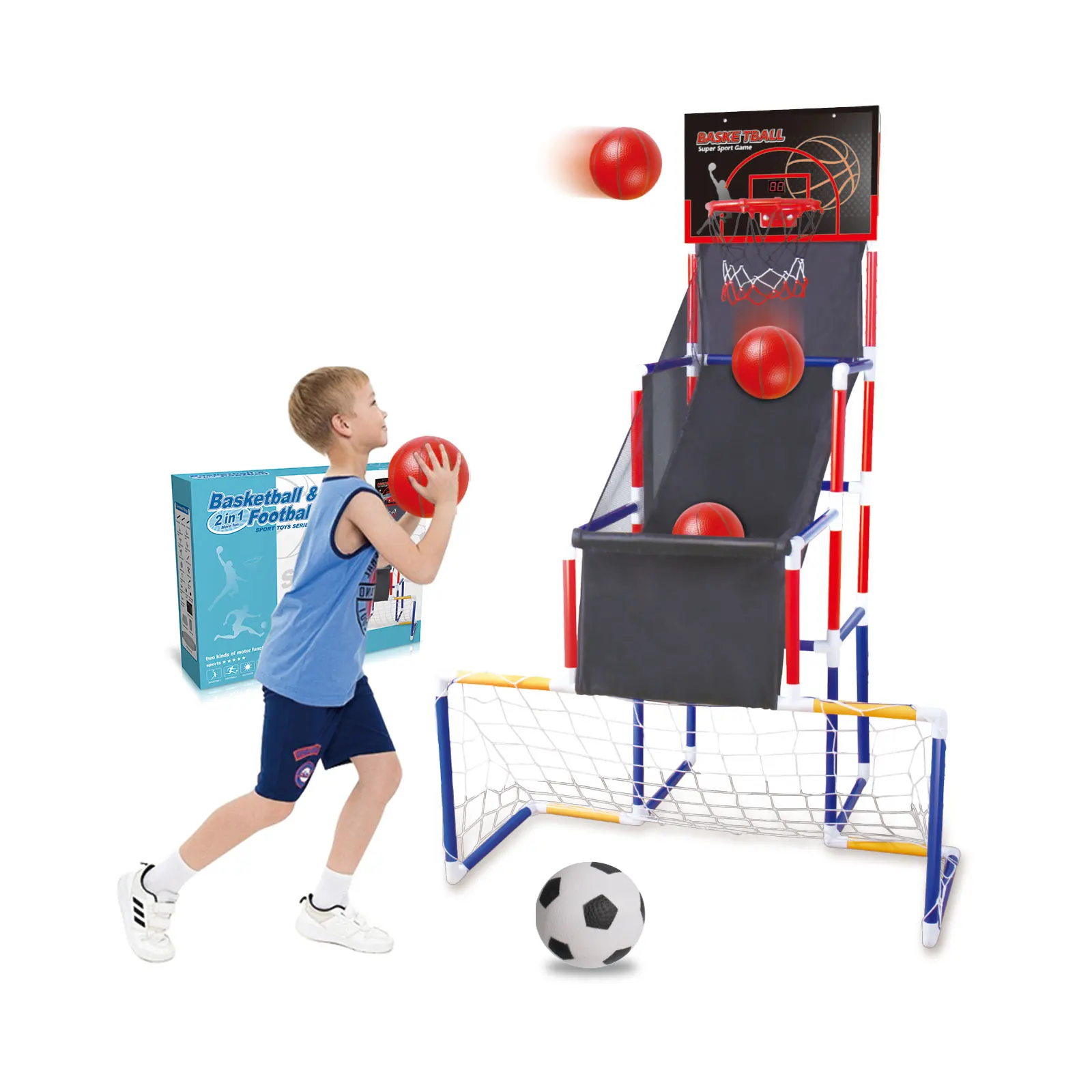 Juguetes deportivos 2 en 1 para sótano, portería de red de fútbol, marcador electrónico, juego de aro de baloncesto Arcade para niños 2025
