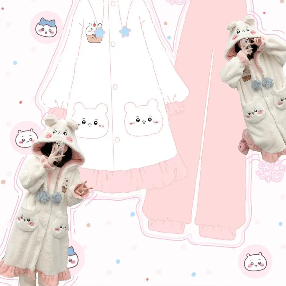

Kawaii Hachiware женская коралловая бархатная ночная рубашка с героями мультфильмов Chiikawa зимний плюшевый пижамный комплект аниме милая плотная теплая домашняя одежда для девочек