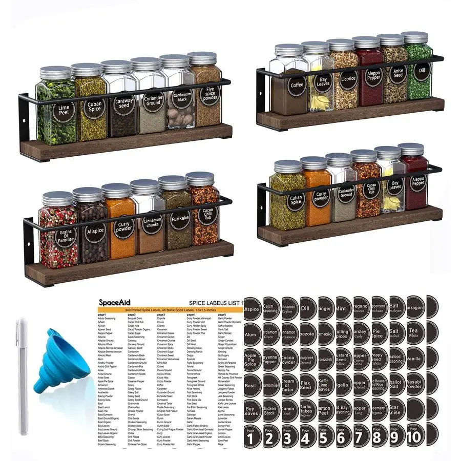 

Подставка для специй с 24 баночками, 386 этикетками для специй, меловым маркером и воронкой, деревянная подвесная полка для приправ на дверцу шкафа или стену