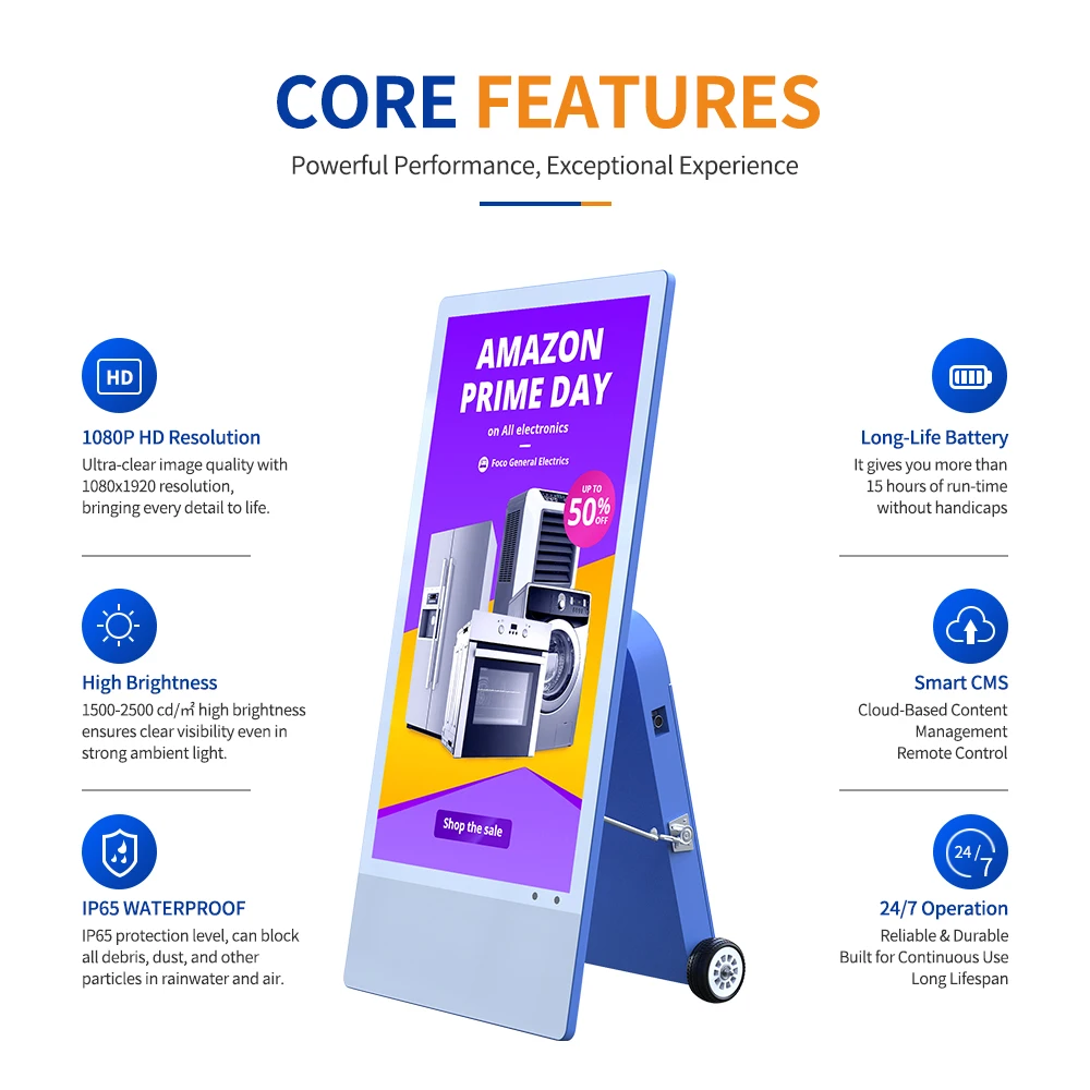 Outdoor Portable 43 Inch Digital Signage and Display Battery Powered LCD Retail Stores Totem Advertising Player With Wheels