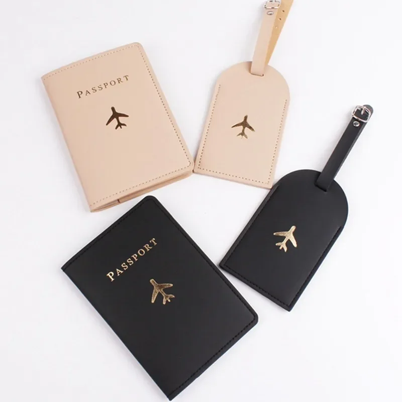 Fashion PU Leather Passport Cover Hot Stamping Simple Plane Pattern Passport Holder Travel Wallet Credit Card Protector Cover