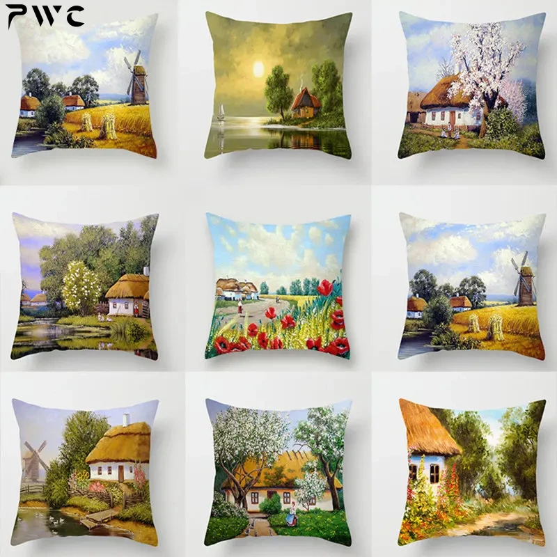 

45x45cm New American Country Oil Painting Landscape Pillow Sofa Cushion Car Office Pillowcase Wholesale