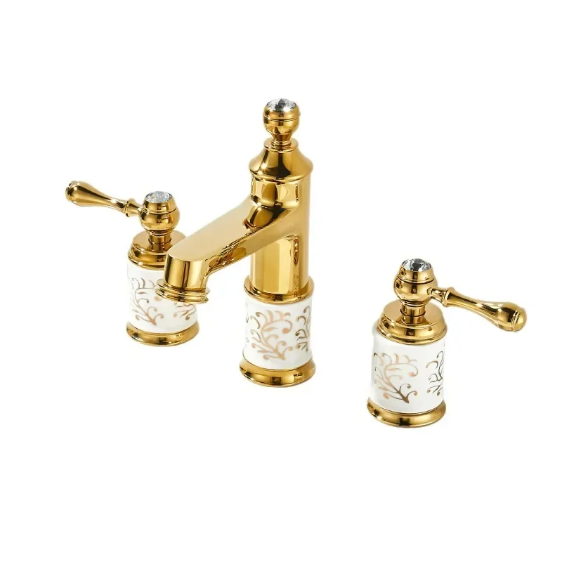 Luxury Gold Ceramic Bathroom Faucet with Brass Basin Double Handle Hot And Cold Water Split Three-Hole European Style Sink Fauce