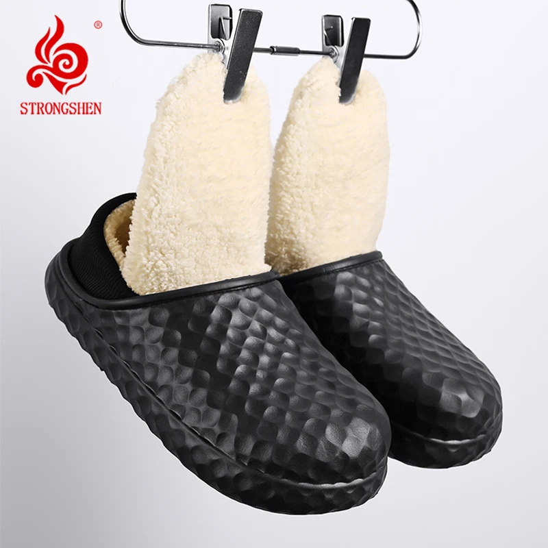 STRONGSHEN Waterproof Cotton Slippers Women Men Winter Outdoor Non Slip Warm Plush Fur Shoes Indoor EVA Home Couple Slides