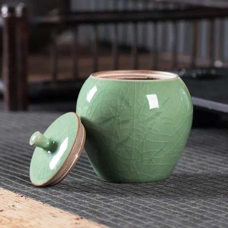 Longquan Celadon Ice Crack Bamboo Pattern Tea Caddy Chinese Traditional Crafts Sealed Storage Jar Kitchen Teaware 200ml