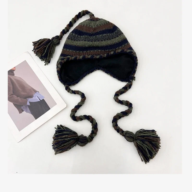 High-quality Ethnic Style Handknitted Pullover Hat Winter Men and Women Velvet Warm Striped Ear Protector Lace-up Bomber Hats