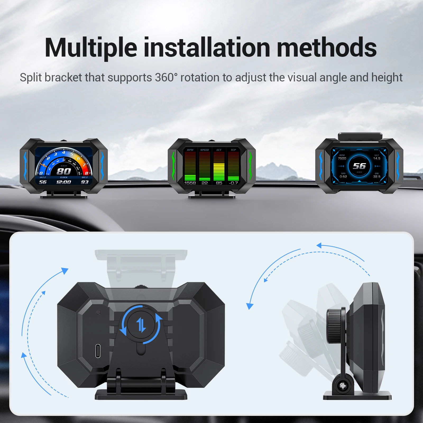 P25 3.5inch LED OBD2/USB Type-C Universal Car Gauge with Slope Meter GPS Speedometer & HUD Diagnostic Tools Head-up Display