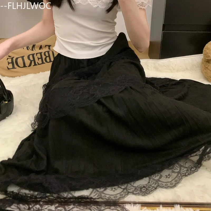 レイヤードレーススカート ロマンチックデート キュートガールズ オールマッチ服 女性 秋 春 透かし彫り フリル ブラックレース ロングマキシスカート