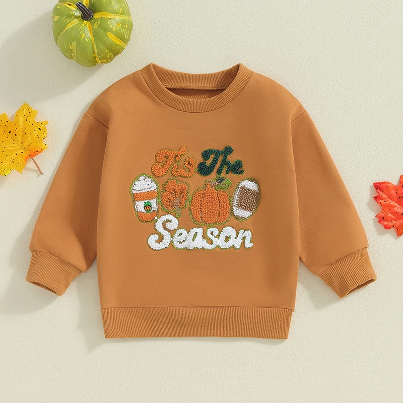 Tis the Season Pumpkin Leaves Coffee Football Embroidery Sweatshirt Fall Baby Boy Girl Halloween Clothes