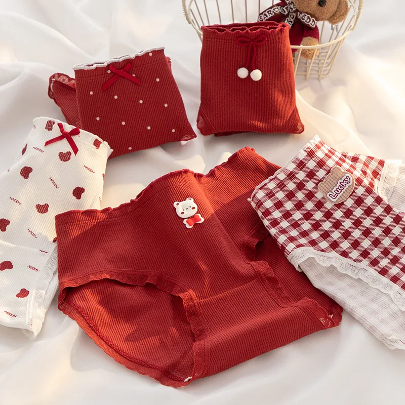 Cute  Baby Cotton Ankela Red Checked Bear Girls Mid Waist Comfortable Skin Friendly   Birthday Triangular Panties Girls 3pcs