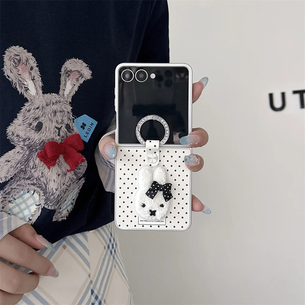 Kawaii miffy Polka Dot Plush Rabbit Bow Phone Case For Samsung Galaxy Z Flip 8 7 6 5 4 3 Protective Cover With Ring Holder Stand