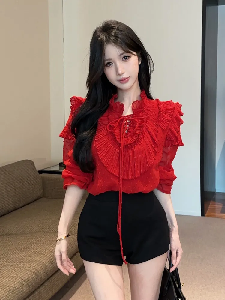 Elegant Christmas Red Ruffled Collar Long Sleeve Chiffon Shirt Blouse Women Spring Frill Tie Bottoming Shirts Office Versatile