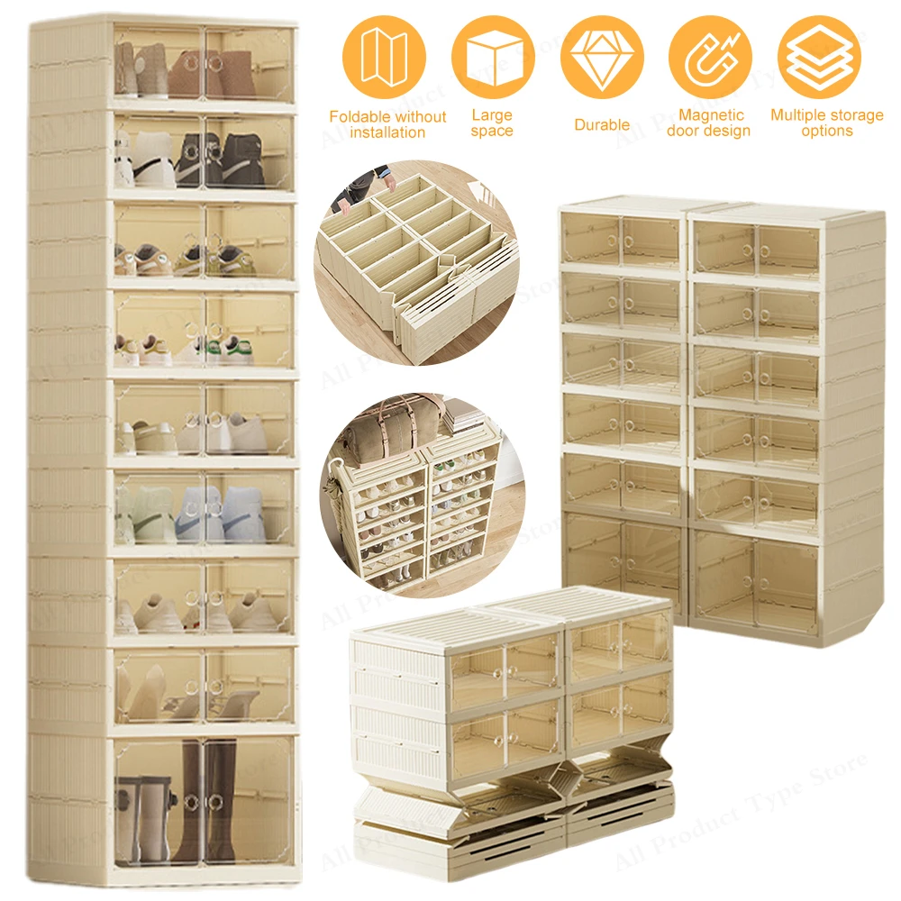 

8 Layers Stackable Shoe Rack Organizer Foldable Dust-proof Transparent Shoe Storage Boxes for Home Entryway Hallway Living Room