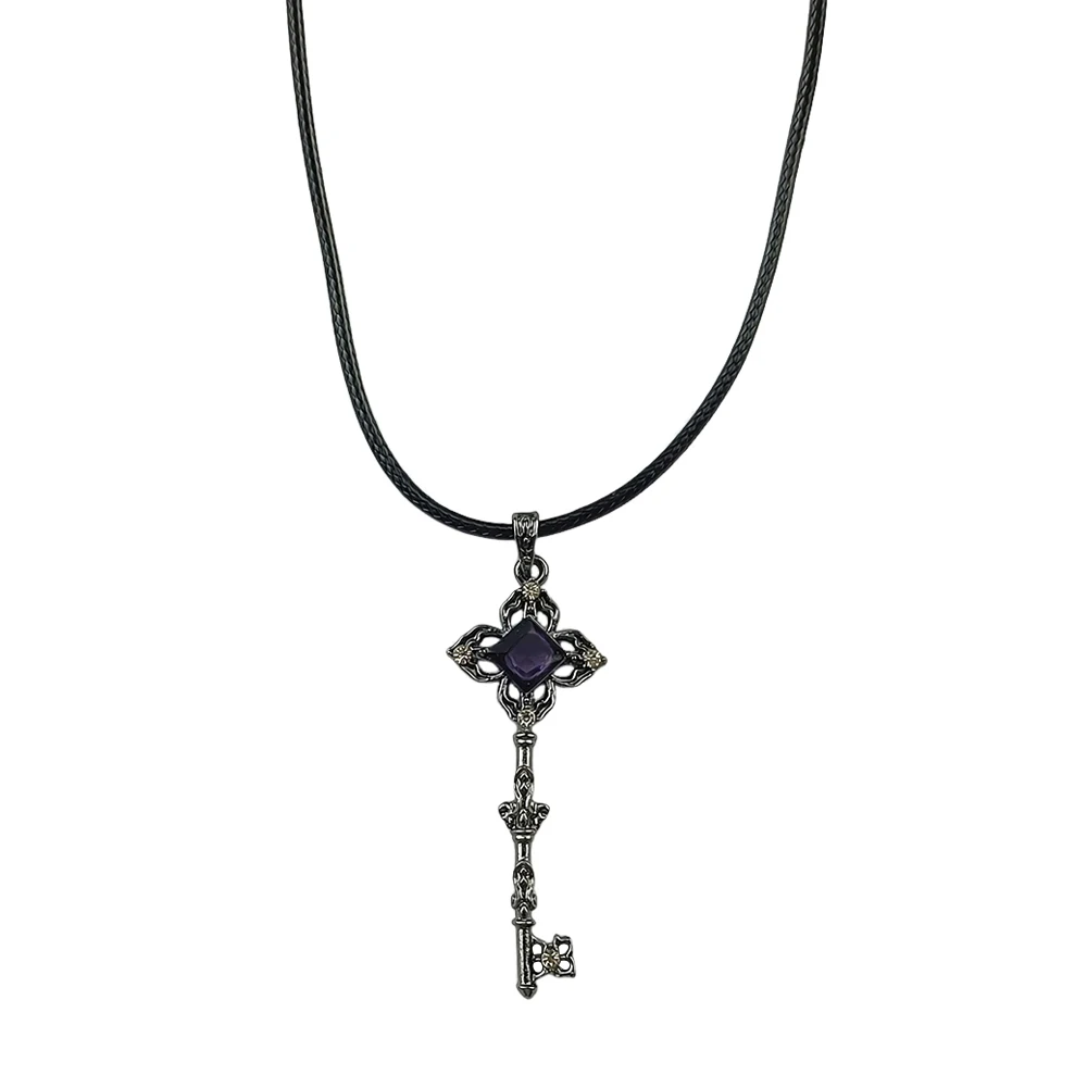Honkai Star Rail Herta Key Necklace Purple Crystal Vintage Metal Key Pendant Black Wax Rope Necklace Anime Game Cosplay Jewelry