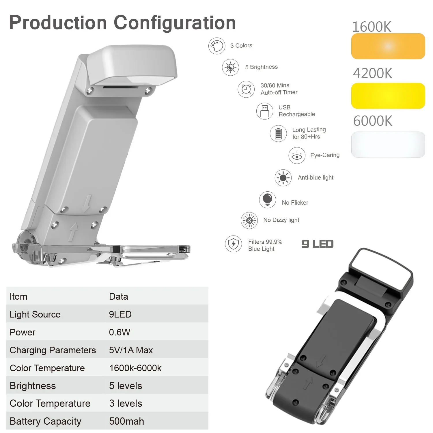 Luz LED de lectura recargable por USB, lámpara nocturna de protección ocular, 3 colores, 5 niveles de brillo, Clip portátil, marcapáginas