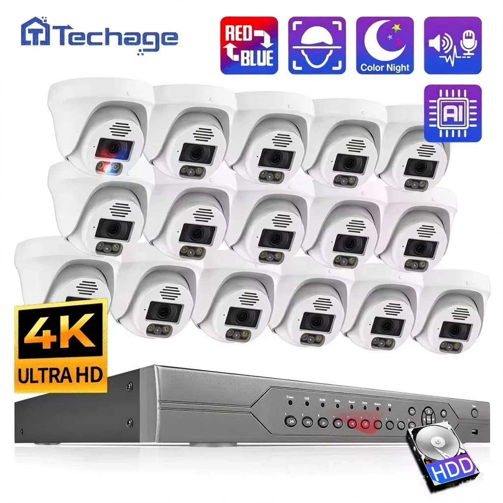 

Techage 16CH 4K 8MP POE Camera Security System Dome Two-Way Audio Full Color Night Vision CCTV Video Surveillance Camera Kit