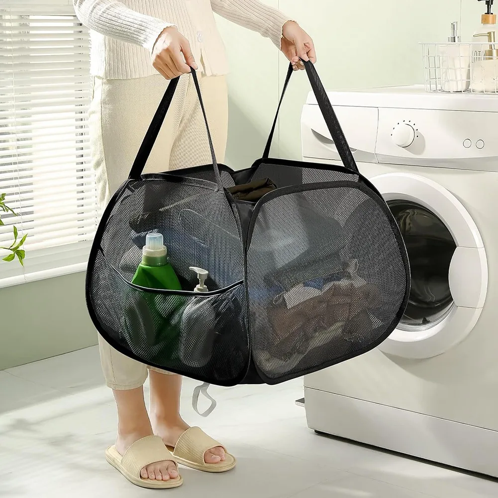 Abwr-cesto de lavanderia dobrável de malha com alças fortes, cesto de roupas de abertura com bolsos laterais, cestas de armazenamento durab