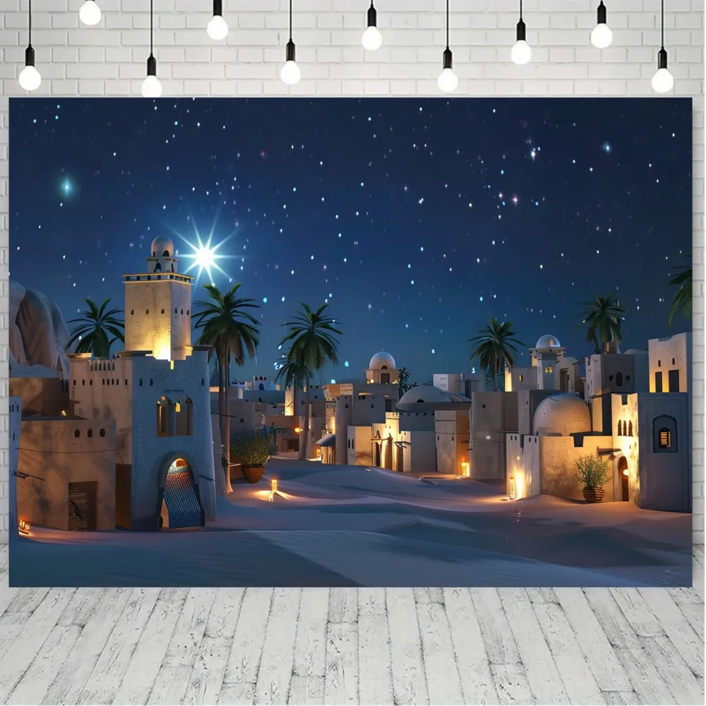قطعة واحدة من خلفية مشهد عيد الميلاد المصنوعة من البوليستر - تصميم نجمة Bethlehem مع نجوم مضيئة وسماء ليلية ضوء القمر والبوليستر #2