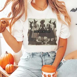 Girls Will Be Girls Funny Feminist Witch Printed Top Round Neck T-Shirt Retro Beautiful Cute Women's Street Versatile T-Shirt