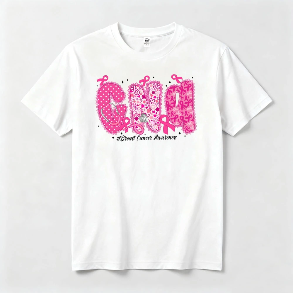 CNA Nursing Healthcare T Shirt Women Pink Ribbon Graphic Tee Breast Cancer Awareness Top Professional Nurse Hospital Worker Tops