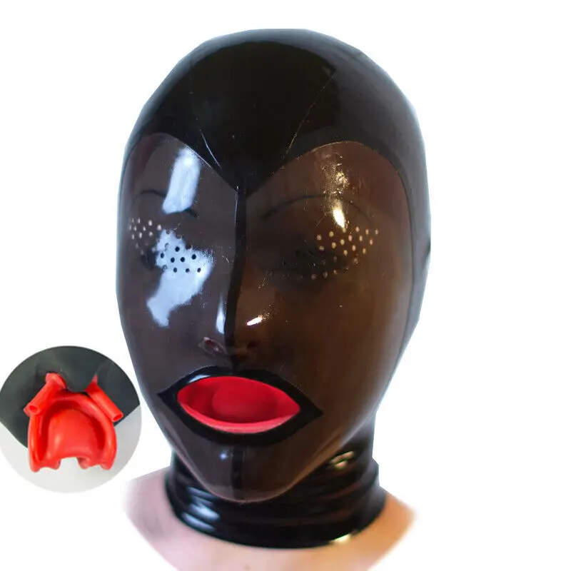 

Latex Mask with Red Nose Tube and Teeth Clips Open Pierced Eyes Rubber Mask