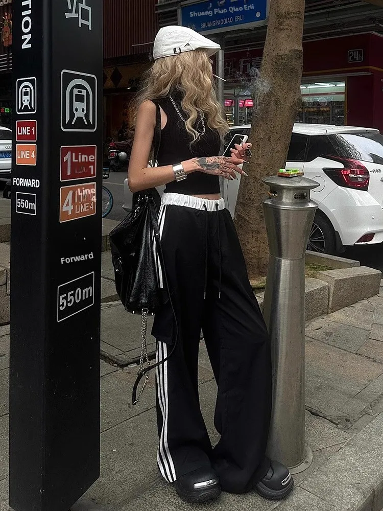 

American High Street Tee Bars Sports Pants Women Summer Qui Dry Multi ket Workwear High Waist Slim Loose Wide Leg Pants