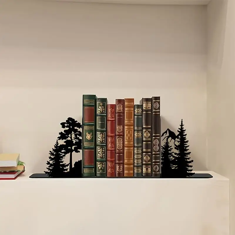 31BA Matte Black Iron Book Supports with Openwork Forest Tree Cutouts
