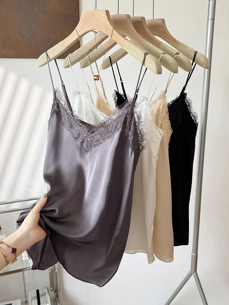 SuyaDream. Women Silk Camis, lace V neck, Sleeveless Chic T Shirt, 100%Real silk, 2025 Solid Summer Vests