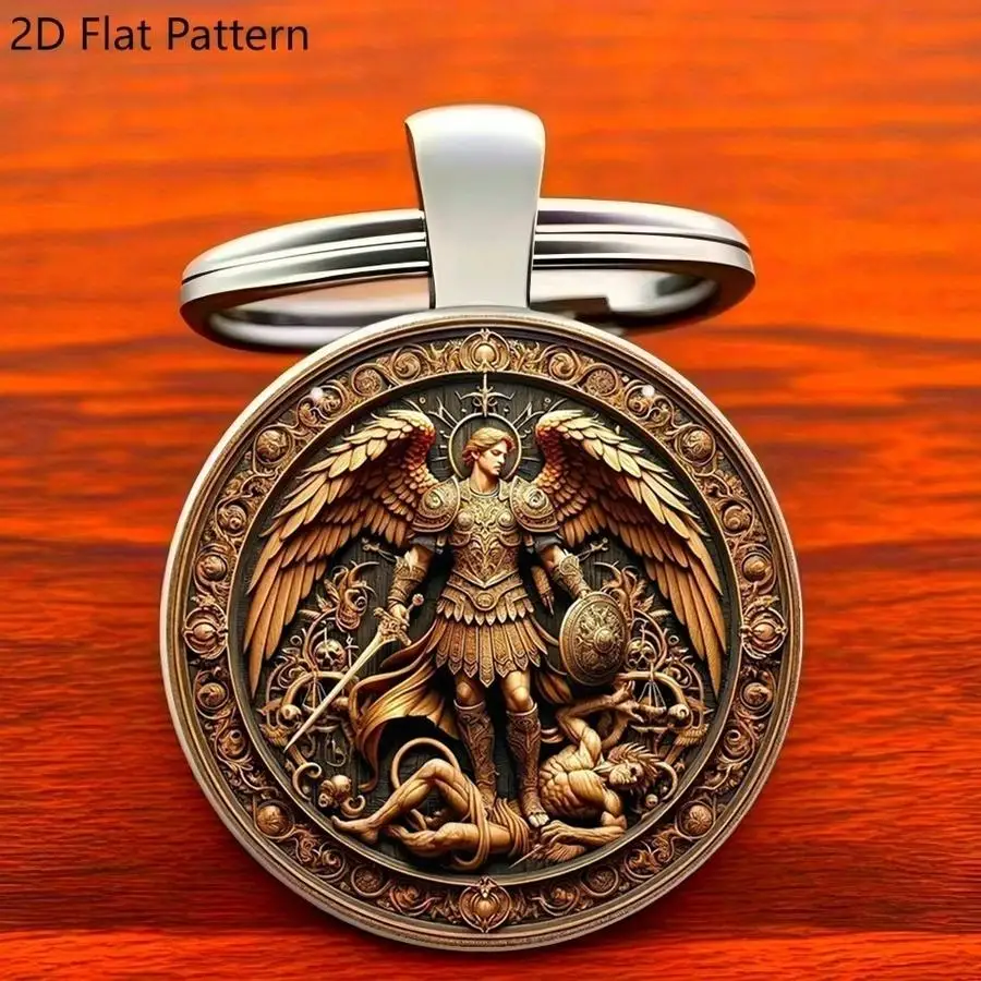 1/5/10/20/50/100pcs Flat 2D League Keychain, 1 Piece - Archangel Michael & Dragon in Vintage Battle with Black Acrylic Spider -
