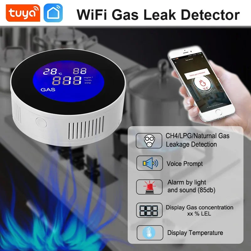 WiFi Tuya App Function Kitchen Natural Gas Leak Alarm Sensor Temperature LCD Digital Display Sound Siren Combustible Detector