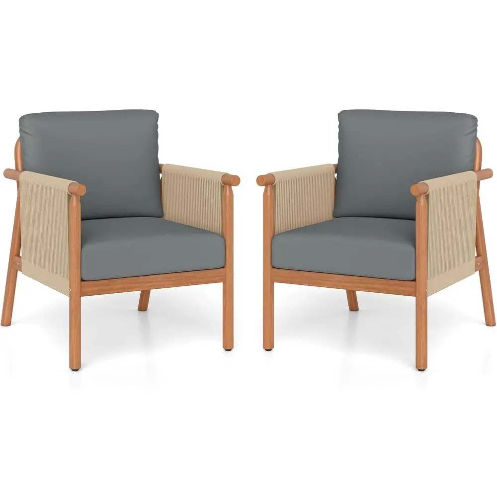 2-Piece Patio Club Chair Set with Woven Rope Armrests and Seat Cushions, Suitable for Indoor and Outdoor Use, Perfect for Living