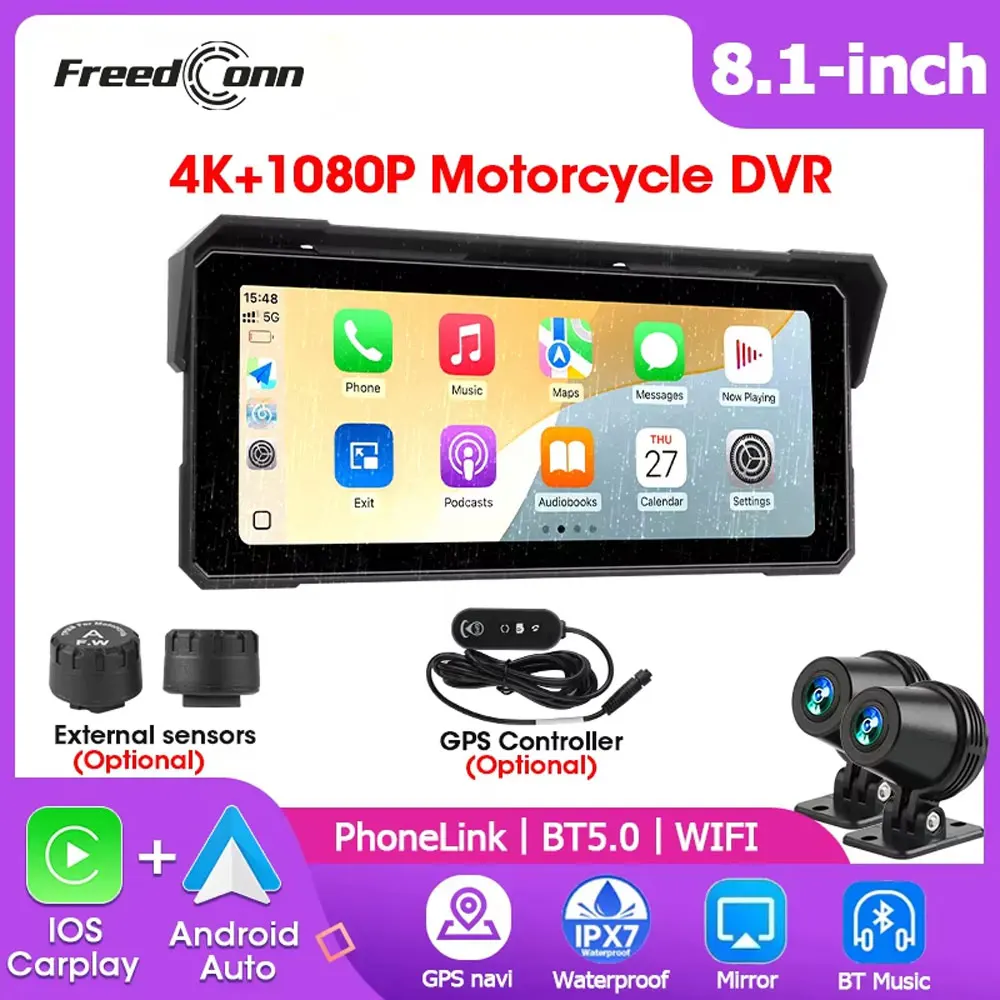 Freedconn 5/8.1inch Wireless Motorcycle Navigation DVR CarPlay Android Auto Smart Screen GPS IPX7 Waterproof LCD Display