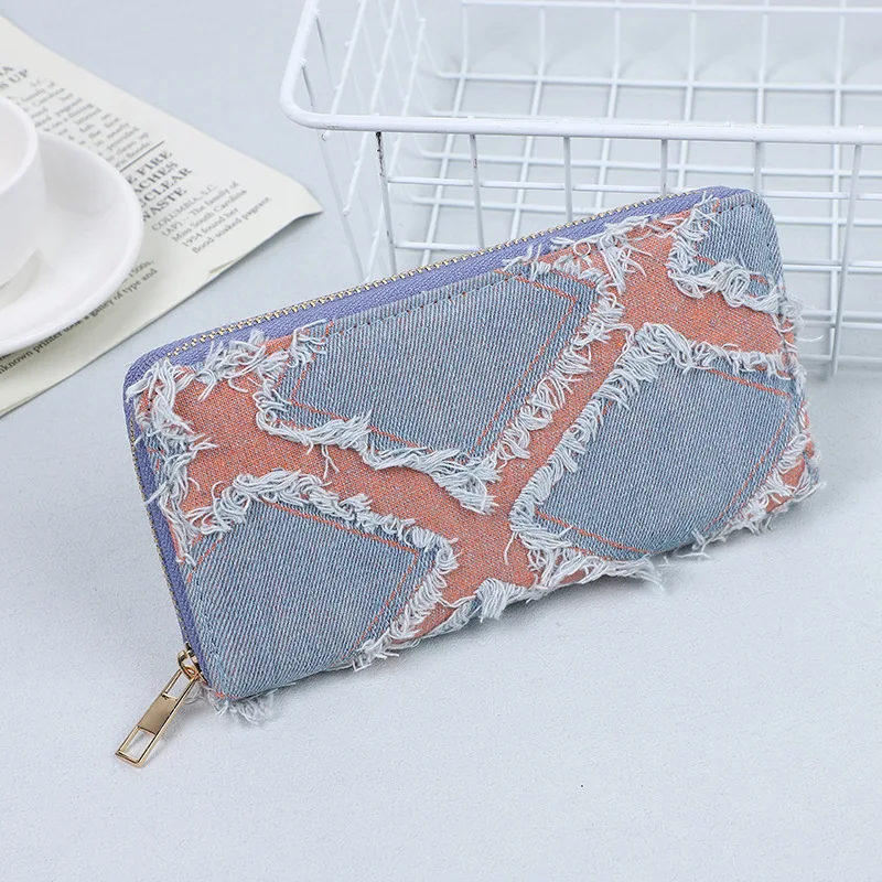 New Retro Patchwork Denim Wallet with A Single Handle Women\'s Long Wallet Card Holder for Women Girls Korean Style Wallet