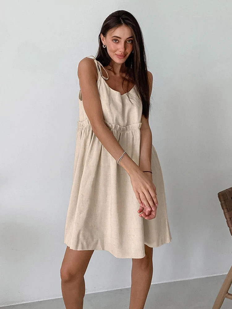 2023 Summer Autumn Women Holiday Solid Spaghetti Flare Linen Mini Dress For Women