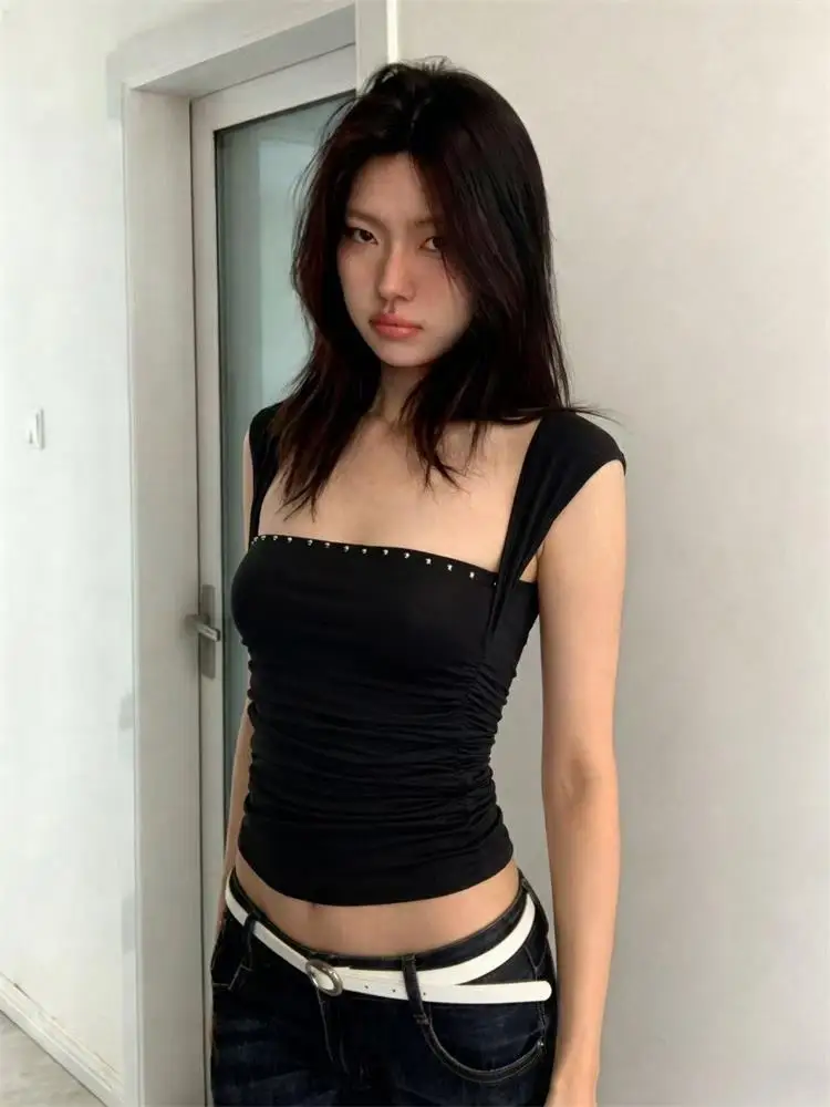 Y2k Women Tank Top Summer Slim Square Collar Sexy Tops Short Sleeve Street Fashion Black Crop Top American Hot Girl Design Sense