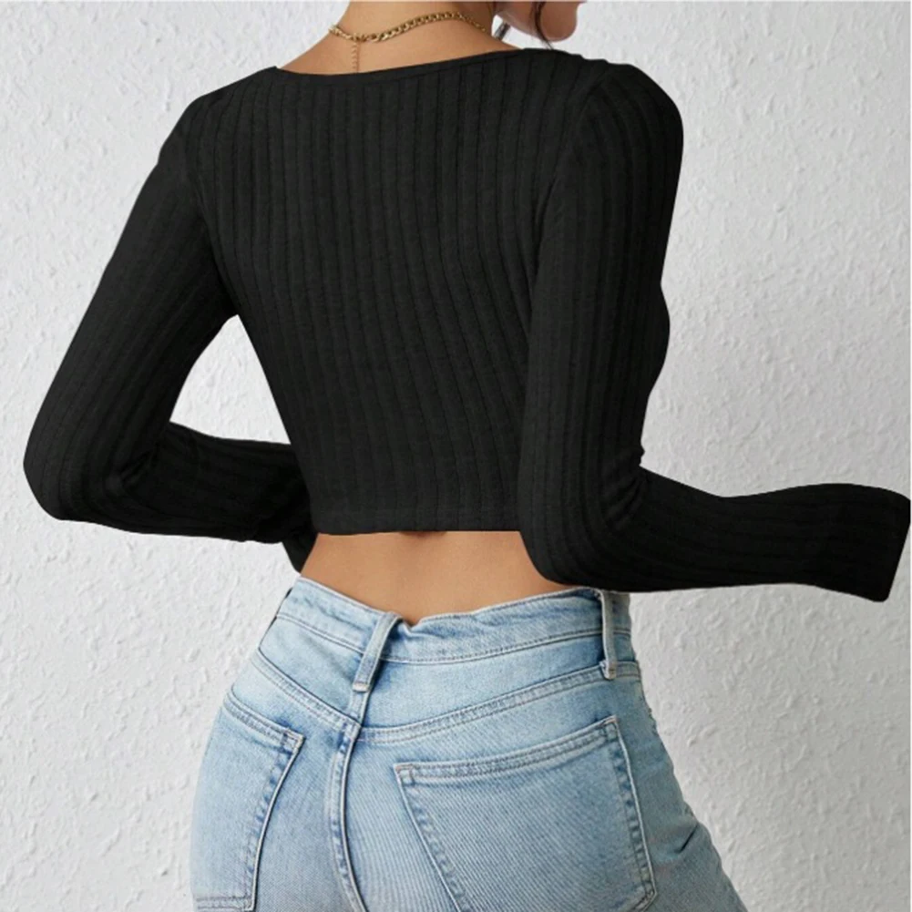 

Women Clothing Crop Tops Casual Long Sleeve Knitted Fashion Square Neck Slim Fit T-Shirts Sexy Female T-shirt