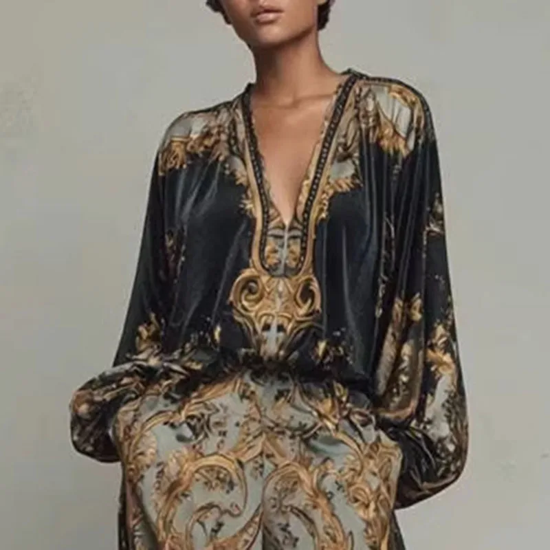 

Retro Pattern Printed 2 Pieces Set for Woman Sexy Deep V Neck Top Blouses Elegant Outfit 2026 Spring Fall Wide Leg Trousers Suit